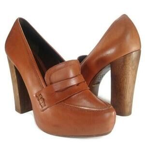 SCHUTZ‎ BLOCK HEEL PLATFORM LOAFERS  size 8 academia leather wood shaft